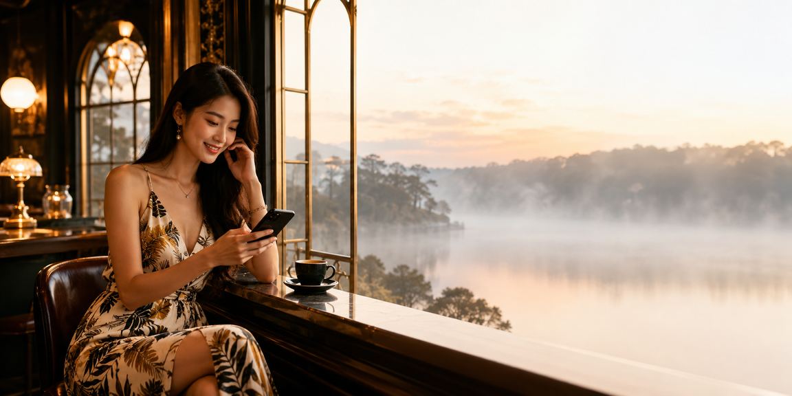 Người dùng Đà Lạt xem tỷ lệ kèo trên điện thoại bên ly cà phê sáng